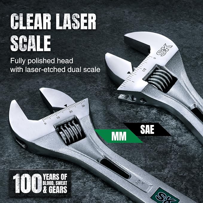 SK 8-Inch Adjustable Wrench, 1-1/4" Jaw Capacity, SAE&Metric Scales | X-Frame Handle, Precision Jaw, Heat Treated CR-V Steel, Chrome-Plated Rust Resistant Finish