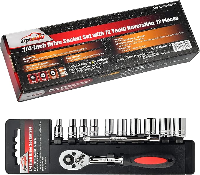 EPAuto 1/4-Inch Drive Socket Set with 72 Tooth Reversible, 12 Pieces