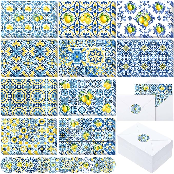 Maitys 200 Set Capri Lemon Blank Cards and Envelopes Bulk 4x6 Inch Beautiful Greeting Cards with Envelopes & Stickers 10 Amalfi Coast Lemon Notecards for Wedding Bridal Baby Showers Birthday