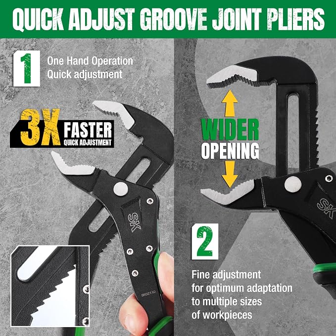 SK 10'' Quick Adjust Water Pump Pliers, SureGrip V-Jaw Groove Joint Pliers | Premium CR-V Steel, Ergonomic Anti-slip Handle for Comfortable Grip