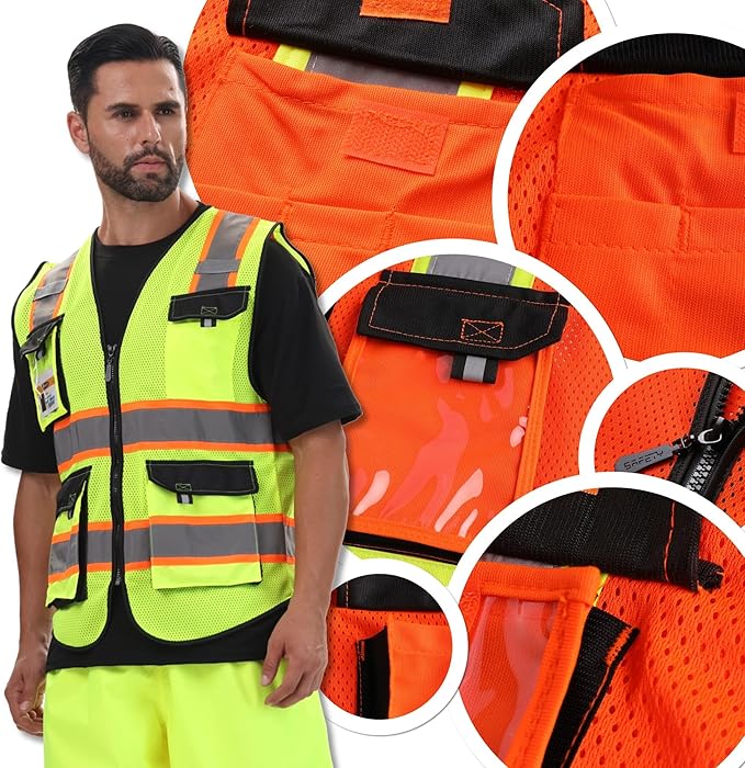 JKSafety Hi Vis Reflective Safety Vests for Men Women High Visibility Vest with Pockets Mesh Fabric Construction Safety Apparel Neon Vest for Work (220-Orange M)