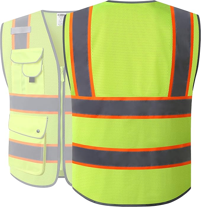 JKSafety 9 Pockets Hi-Vis Neon Yellow Zipper Front MESH Safety Vest with Fluorescent Orange Extend Edge outlining the Reflective Tapes Meet ANSI/ISEA Class 2 Standard (100-Yellow, XL)