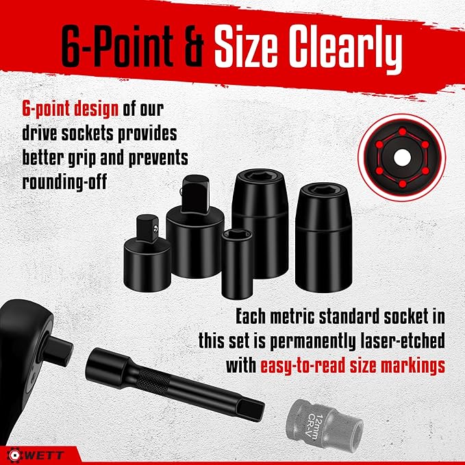 WETT 11Pcs Torque Wrench Set, 1/4'' & 3/8'' & 1/2'' Drive Click Torque Wrench, with Extension Bars & Adapters, Dual-Direction Adjustable Reversible 72-Tooth Ratchet Handle