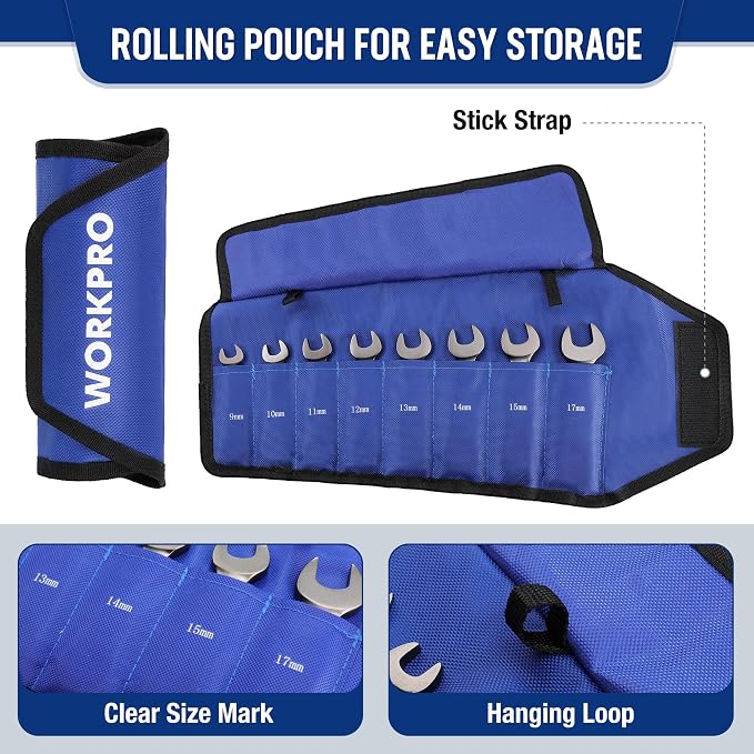 WORKPRO 8 Piece Flex Head Stubby Ratcheting Wrench Set, Metric 9-17mm | 72-tooth CR-V Wrenches with Nickel-plated Finish for Automotive, Garage and Home Repairs, Includes Rolling Pouch