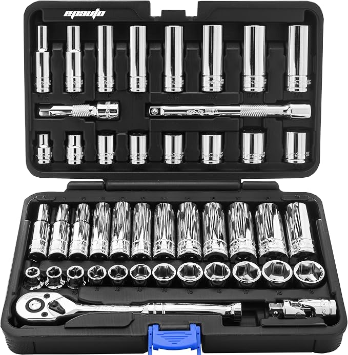 EPAuto 45 Pieces 3/8" Drive Socket Set with 72-Tooth Pear Head Ratchet