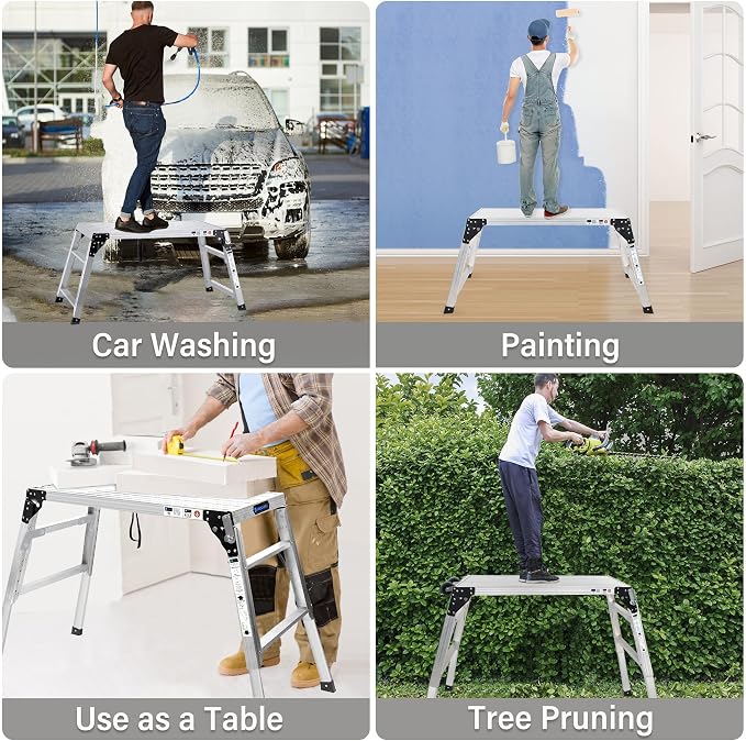 Adjustable Work Platform, 39.4" X 18.5" Portable Folding Aluminum Step Ladder, Scaffolding of Capacity 330 LBS Heavy Duty, 7 Gear Height 24 “-35” (Adjustable, Meet ANSI Standard, SGS-Certified)