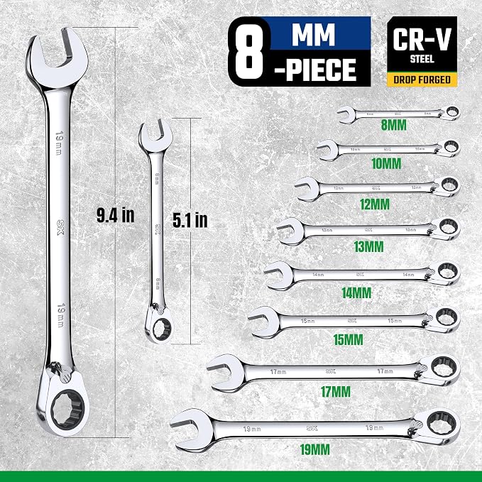 SK Reversible Ratcheting Combination Wrench Set, 8-Piece, Metric, 72-Tooth | Ratchet Wrenches Set, Chamfered Head Design, Premium CR-V Steel, with Rack Organizer