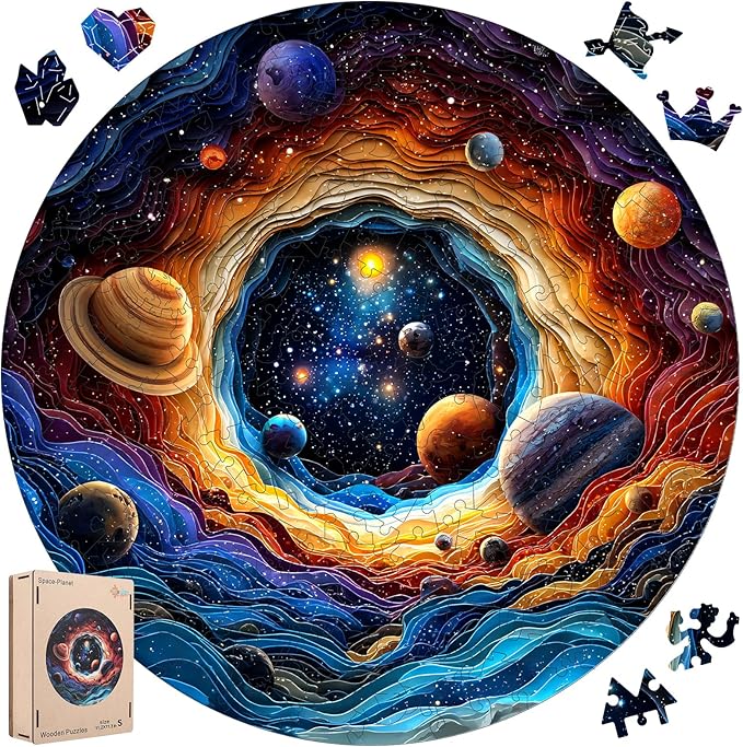 MEATRN Wooden Puzzles for Adults - Planet Theme Colorful Astronomy Jigsaw Puzzle, Relaxing Space Puzzle Gift, Family Night Activity and Brain Challenge, 200 Pieces, 11.2x11.3 in