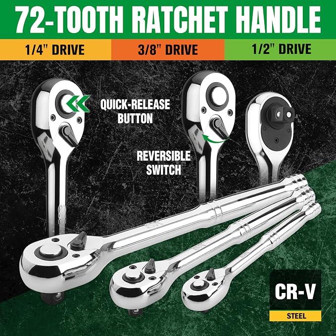 SK 163-Piece Mechanics Tool Set, 1/4", 3/8" & 1/2" Drive Socket, SAE&Metric | Professional Tool Set with 72-Tooth Pear Head Ratchet, Deep & Shallow Sockets, SuperKrome Finish, with Storage Suitcase