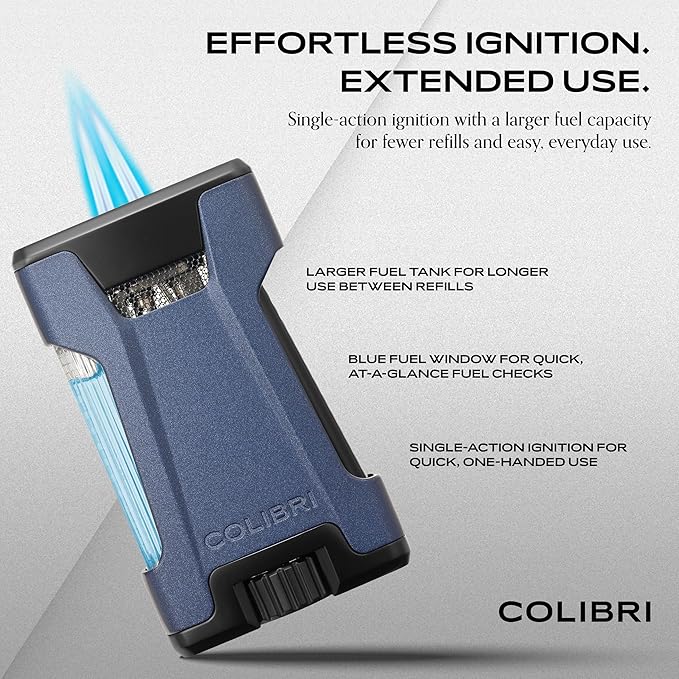 Colibri Rebel Double Torch Lighter – Wind Resistant Butane Cigar Lighter, Refillable Jet Flame with XL Fuel Tank, Adjustable Flame & Fuel Window (Midnight Navy + Black)