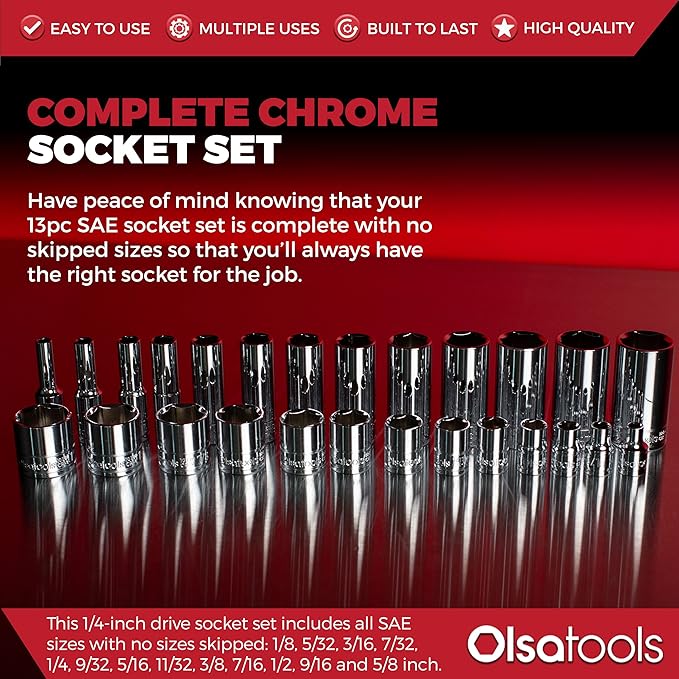 Olsa Tools 1/4-Inch Drive SAE Deep Socket Set - 13pc | 6-Point Chrome Vanadium Sockets, 1/8-Inch to 5/8-Inch, No Skipped Sizes - Professional-Grade SAE Socket Sets - Part: 1329