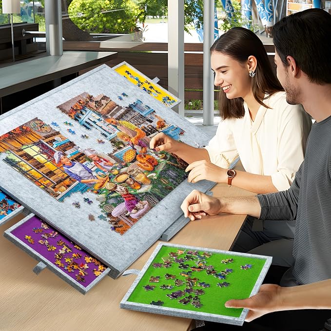 Tektalk Jigsaw Puzzle Table with Integrated Adjustable Stand/Bracket, 3-Tilting-Angle Super Lightweight Felt Puzzle Plateau Board with Cover & 4 Sorting Drawers (Light Gray, for Up to 1500 Pieces)