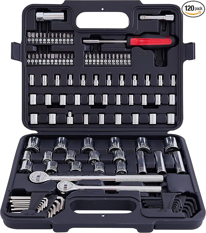 MECHMAX 120-Piece Socket Wrench Set, 1/2 & 3/8-In Ratchet Kit | Includes SAE and metric deep sockets, spark plug socket, bits and hex keys. Professional auto repair mechanics tool kit