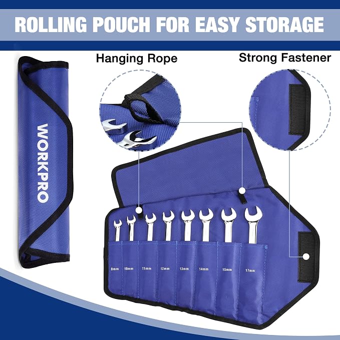 WORKPRO 8-piece Ratcheting Combination Wrench Set, Metric & Polished | Metric 8-17mm, 180° Flex-Head, 72-Tooth Ratchet, Cr-V Steel, Roll Up Pouch for Auto Repair & Home DIY