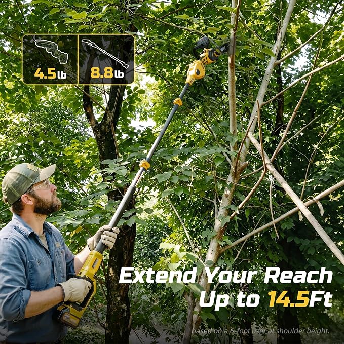 IMOUMLIVE 10-Inch Cordless Pole Saw & Mini Chainsaw 2-in-1, 1000W Brushless Electric Pole Saws for Tree Trimming, 21V 3.0Ah Battery Powered Chain Saw with Extension Pole, 14.6FT Reach Tree Trimmer