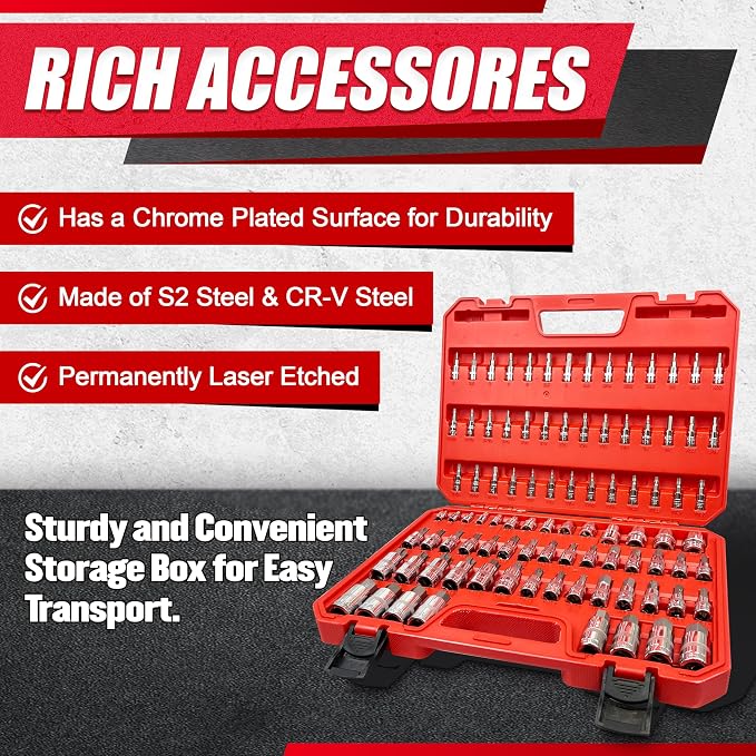 EACELIY 92PCS 1/4” 3/8”and 1/2” Allen and Bit Socket Set,Drive Torx/Tamper Proof Torx/Hex, S2 Steel &CR-V,SAE & Metric