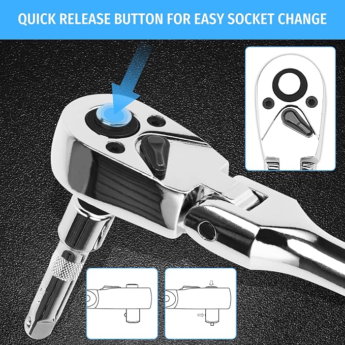 PRIDE&CRAFT 3pc Flex Head Ratchet Wrench Set, 1/4", 3/8", 1/2" Drive, 72-Tooth, Socket Wrench Quick Release Reversible Design, Chrome Alloy Made, EVA Organizer