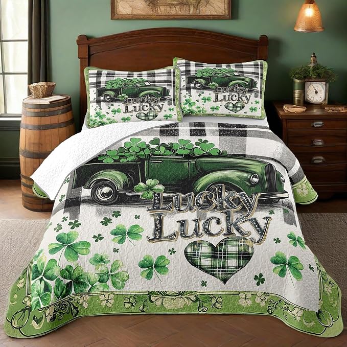 St. Patrick's Day Patchwork Quilt Set King Shamrock Car 3pcs Bedding Set with 2 Pillow Shams Soft Lightweight Coverlet Comforter Home Decor Gift for Boys (Shamrock Car, King(90"x104")) | Breathable