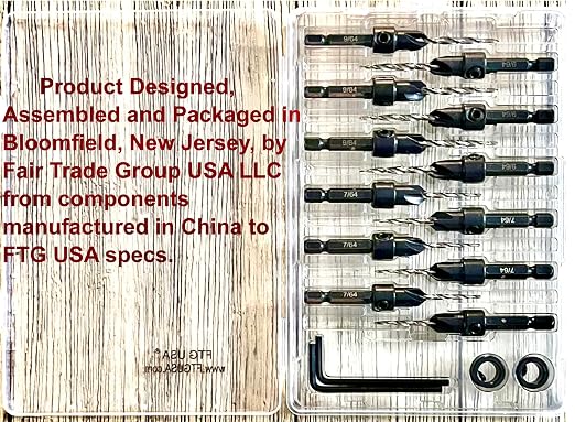 FTG USA Countersink Drill Bit Set 6 Pc #4 (7/64"), 6 Pc #6 (9/64") Tapered Countersink Bit, Stop Collar, Hex Wrench, Woodworking Countersink Drill Bits