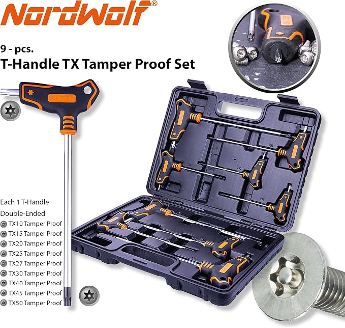 NordWolf 9-Piece T-Handle Torx Wrench Set, S2 Steel Long Arm Security Star Keys, Sizes T10 to T50 in Storage Box