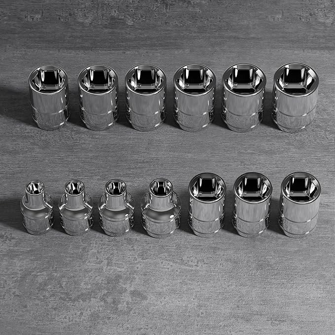 Olsa Tools 3/8-Inch Drive SAE Deep Socket Set - 13pc | 6-Point Chrome Vanadium Sockets, 1/4" to 1", No Skipped Sizes - Professional-Grade SAE Socket Sets - Part: 1333