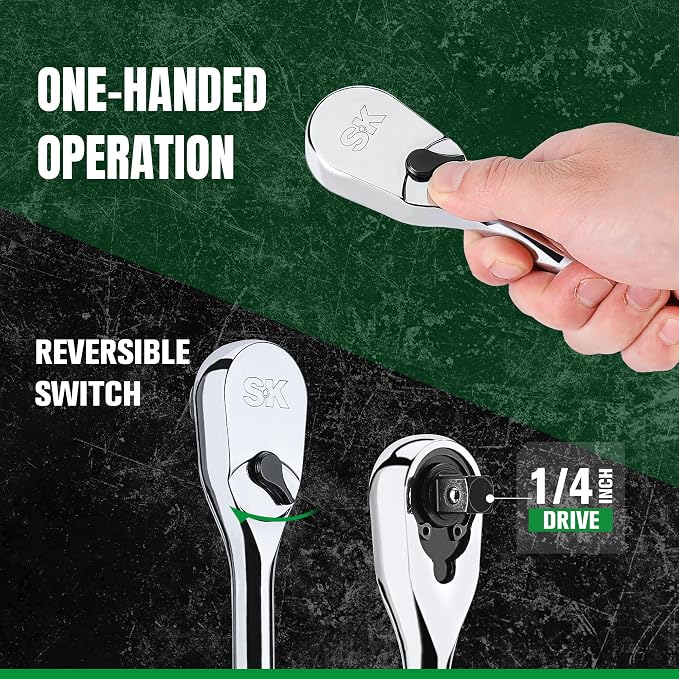 SK 1/4" Drive Ratchet Handle, Pear Head, 90-Tooth Ratchet, Alloy Steel | Reversible Switch for One-Handed Operation, Heat Treated SuperKrome Finish,Enclosed Head with Contoured Handle