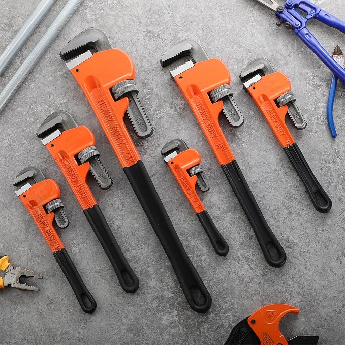6 Piece Heavy Duty Pipe Wrench Set - 8", 10", 12", 14", 18", 24", Adjustable Chrome Vanadium Steel Plumbing Wrench Set with Soft Handle & Gloves for Plumbers, Pipeline, Auto Repair(Orange)