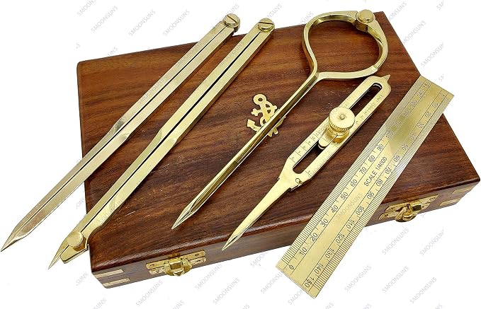 Proportional Divider Set of 5, Full Brass dividers with Executive Wooden Box, Single Handed 8" Brass Navigational Dividers Compass Set for Maritime, Naval, Geometry and Drafting