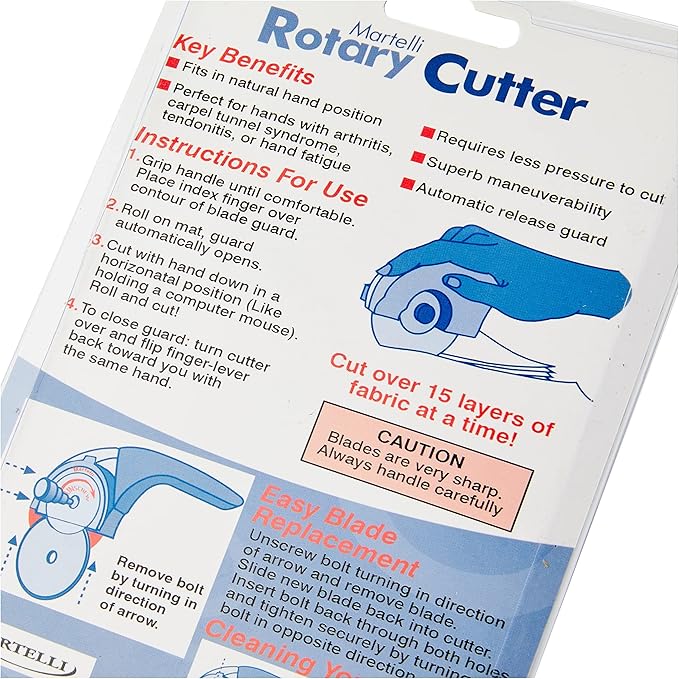 Martelli - Right Handed 45mm Ergonomic Fabric Rotary Cutter - sewing quilting fashion design - blade cover for safe pain free fabric cutting - great if you have arthritis or carpal tunnel