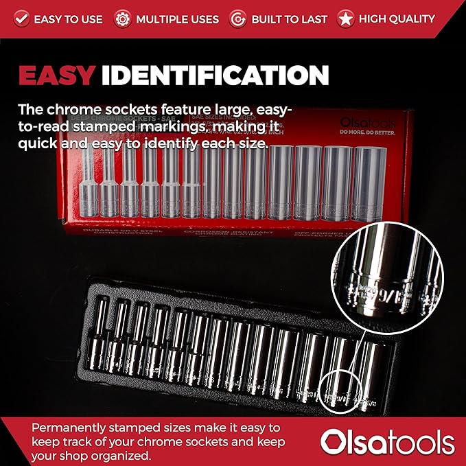 Olsa Tools 1/4-Inch Drive SAE Deep Socket Set - 13pc | 6-Point Chrome Vanadium Sockets, 1/8-Inch to 5/8-Inch, No Skipped Sizes - Professional-Grade SAE Socket Sets - Part: 1329