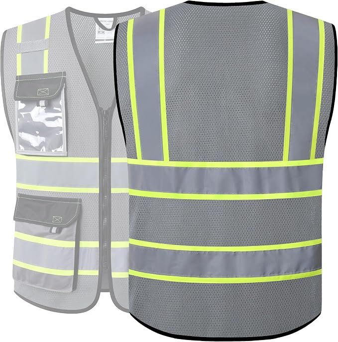 JKSafety Hi Vis Reflective Safety Vests for Men Women High Visibility Vest with Pockets Mesh Fabric Construction Safety Apparel Neon Vest for Work (220-Grey XXL)