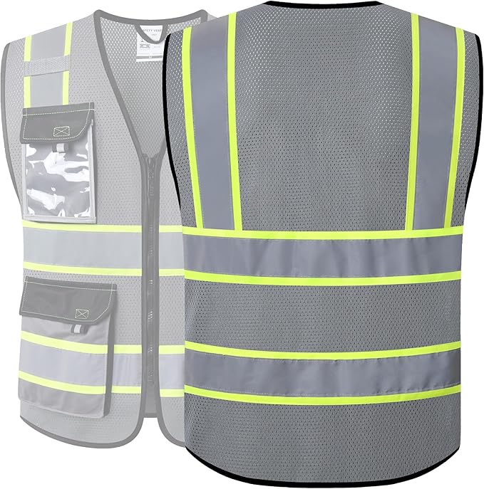 JKSafety Hi Vis Reflective Safety Vests for Men Women High Visibility Vest with Pockets Mesh Fabric Construction Safety Apparel Neon Vest for Work (220-Grey XL)