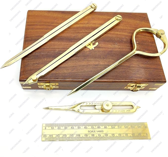 Proportional Divider Set of 5, Full Brass dividers with Executive Wooden Box, Single Handed 8" Brass Navigational Dividers Compass Set for Maritime, Naval, Geometry and Drafting