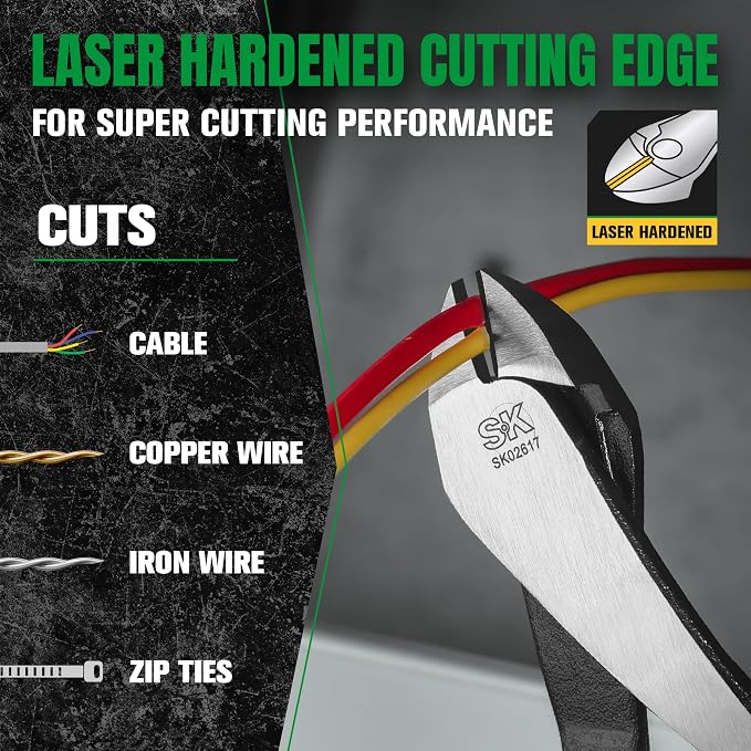 SK 9-Inch Angled Diagonal Pliers, Heavy Duty Side Cutters, Premium CR-V Steel Construction, Diagonal Cutting Pliers with Hook Bend Handle
