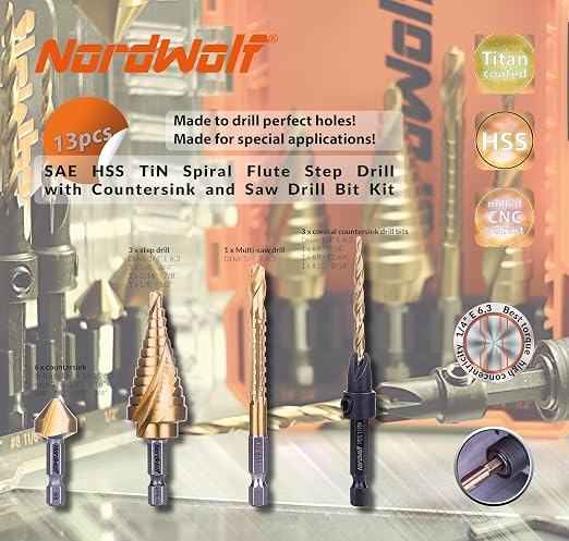 NordWolf 13-Piece HSS Titanium Spiral Flute Step Drill, 82-Degree 3 Flutes Countersink & Tapered Drill 4 Cutters Countersink and Saw Drill Bit Set with 1/4" Hex Shank in Storage Case