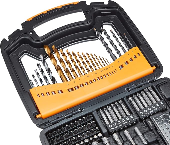 Amazon Basics Drill & Driver Multi Bit Set, Alloy Steel Drill Bits for Metal, Wood, Plastic, Masonry, with Storage Case, 100-Piece