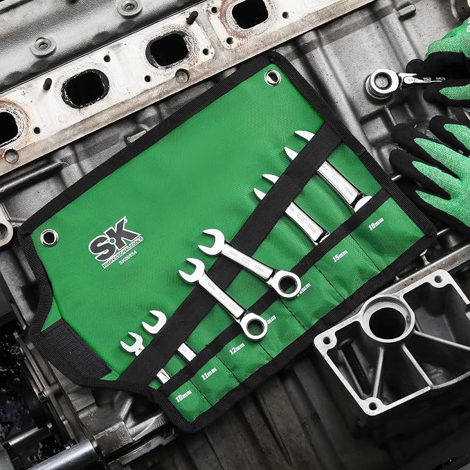SK Stubby Ratcheting Wrench Set, Combination Wrench Set, 7-Piece, Metric, 72-Tooth, CR-V Steel, with Rolling Pouch