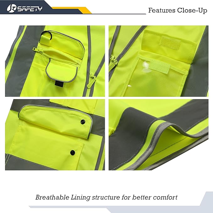 JKSafety 9 Pockets Class 2 High Visibility Zipper Front Safety Vest With Reflective Strips, Yellow Meets ANSI/ISEA Standards (3X-Large-150-Yellow)