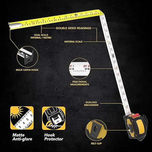 LEXIVON [3-Pack] 25Ft/7.5m DuaLock Tape Measure | 1-Inch Wide Blade with Nylon Coating, Matte Finish White & Yellow Dual Sided Rule Print | Ft/Inch/Fractions/Metric (LX-206X3)