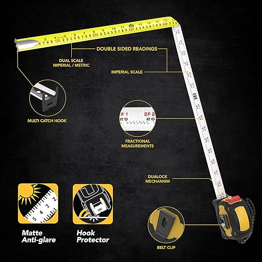 LEXIVON [3-Pack] 25Ft/7.5m DuaLock Tape Measure | 1-Inch Wide Blade with Nylon Coating, Matte Finish White & Yellow Dual Sided Rule Print | Ft/Inch/Fractions/Metric (LX-206X3)