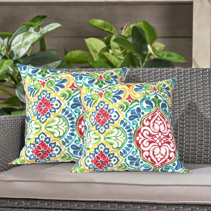 LVTXIII Outdoor Throw Pillows, Decorative Throw Pillows with Inserts, 16"x16" Square Pillows for Bed, Couch, Sofa and Patio Furniture, Set of 2, Damask Red