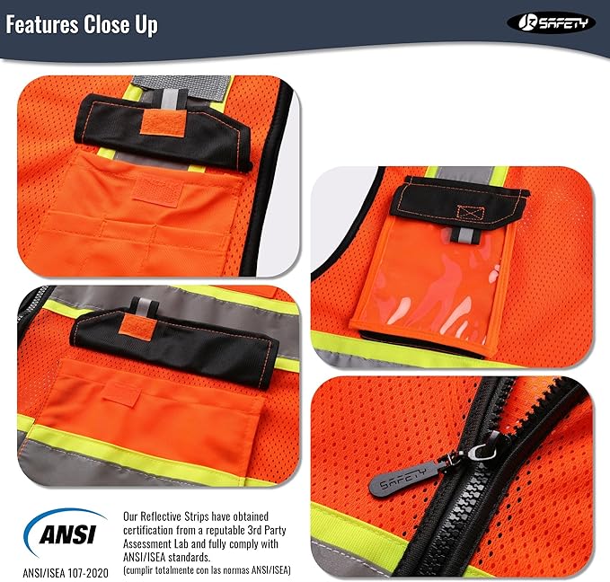 JKSafety Hi Vis Reflective Safety Vests for Men Women High Visibility Vest with Pockets Mesh Fabric Construction Safety Apparel Neon Vest for Work (220-Orange 4XL)