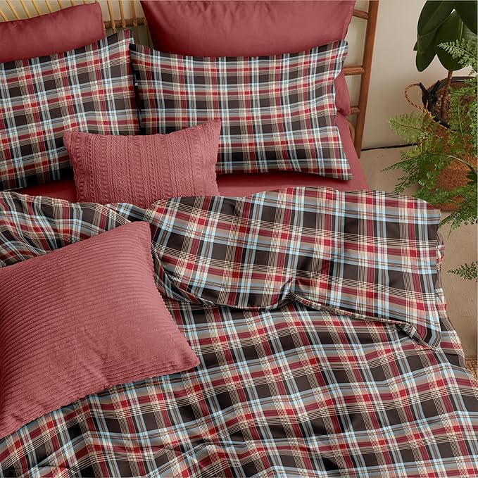Sedefen Gingham Duvet Cover Queen Vintage Brown Plaid Bedding Set Kids Boys Girls Retro Grid Checked Soft Breathable Duvet Cover Set 3 Pieces