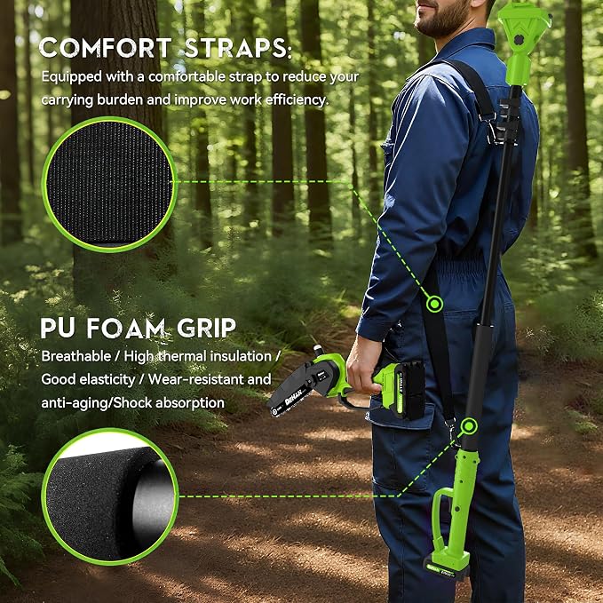 2 IN 1 Electric Pole Saw Brushless 21V Battery Chainsaw Cordless with Rotatable Pole 15FT Max Reach, Shoulder Strap, Battery Powered Chain Saw for Tree Trimming and Wood Cutting Tool -- Green