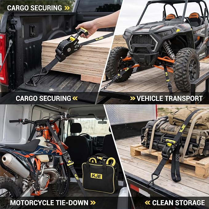 KJE Retractable Ratchet Straps, (4)1"x10' Automatic Straps + (4)Soft Loops | 1,500lb Break Strength, Self Retracting Design, S-Hook with Clip, T Handle, For Motorcycle, Kayak, ATVs, Trailer Tie Downs