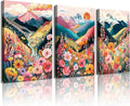 Frimeeme Colorful Watercolor Floral Mountain Canvas Wall Art, 3-Piece Boho Nature Landscape Print, Living Room Bedroom Decor, 12x16 in,Framed