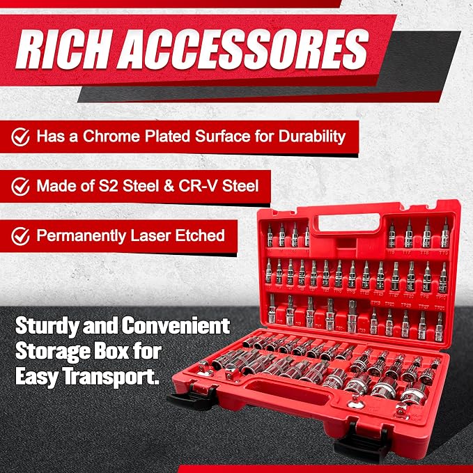 EACELIY 64PCS 1/4,3/8&1/2” Master Torx Bit Socket Set and External Torx Socket Set,E4-E24,T6-T70,TT6-TT70,TP8-TP60,Adapters,S2 and Cr-V Steel