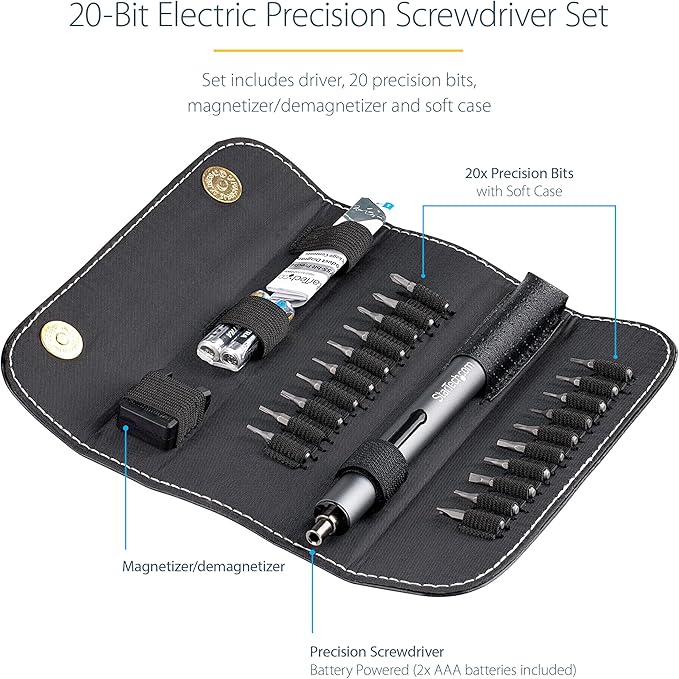 StarTech.com 20-Bit Electric Precision Screwdriver Set - Portable/Mini Battery Powered Bit Driver Kit for Electronics, Laptop, Computer, Tablet & Phone Repairs - Magnetic - Cordless, TAA
