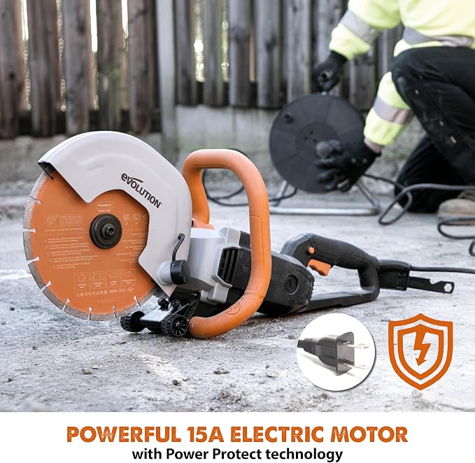Evolution R255DCT | 10 in. Electric Concrete Saw | Premium Diamond Blade Included | 15A Motor | 4-1/16" Cut Depth | No Gas, No Fumes | Disc Cutter / Power Cutter / Cut-Off Saw | Brick & Masonry