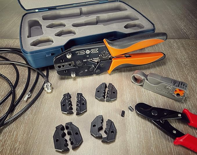 Professional All-In-One RF Coax Quick Change Tool Kit Crimper Cutter Stripper 5 Interchangeable Die Sets
